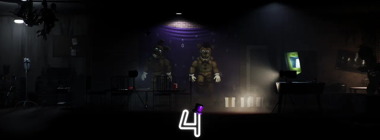 Final Nights 4 banner: Fredbear and Spring Bonnie standing on a purple-curtained stage in a dark diner, stage lights and a glowing 4 in a top hat below
