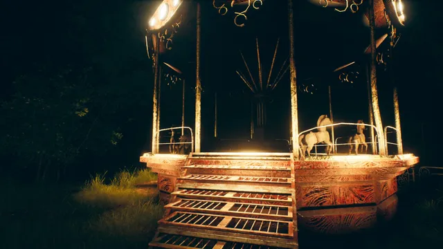 An old carousel with white horses lit by lamps in a dark park at night