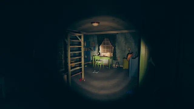 Seen through a ring of flashlight, a child's bedroom with a green desk, a wall ladder and curtained window