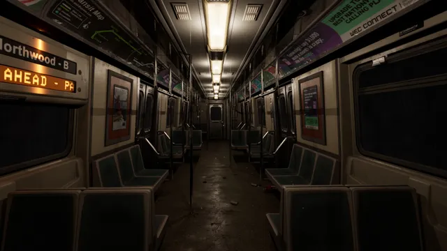 The inside of an empty subway car under fluorescent lights, with litter on the floor and an orange destination sign