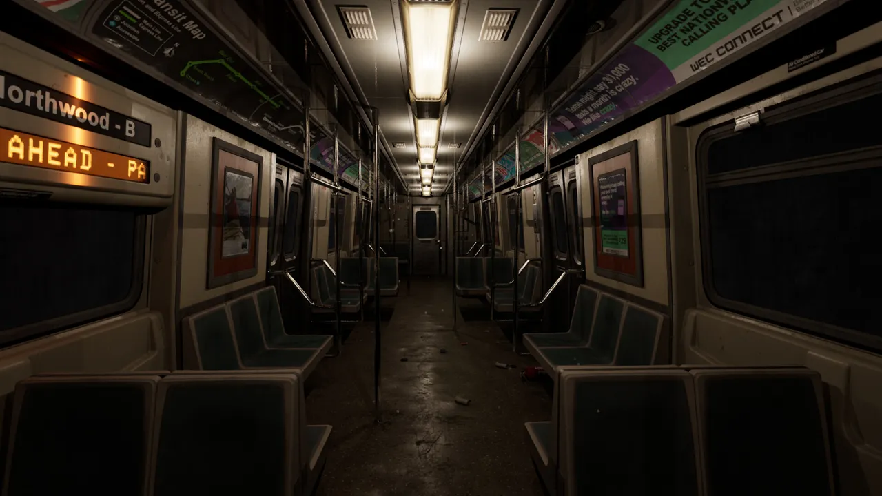 The inside of an empty subway car under fluorescent lights, with litter on the floor and an orange destination sign