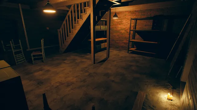 A dim cellar with a wooden staircase, empty shelves, two chairs and a lit candle on the floor