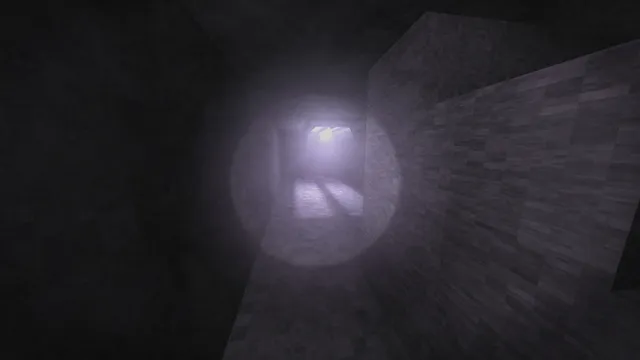 A dark stone corridor with pale light glowing at the far end
