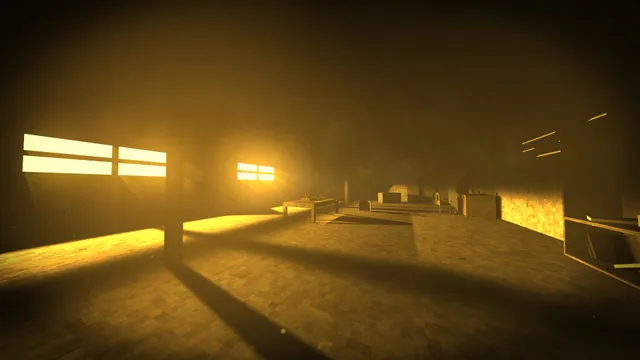 A large empty room in Fingerbones lit gold by sunlight through the windows, with a table and old furniture in the haze