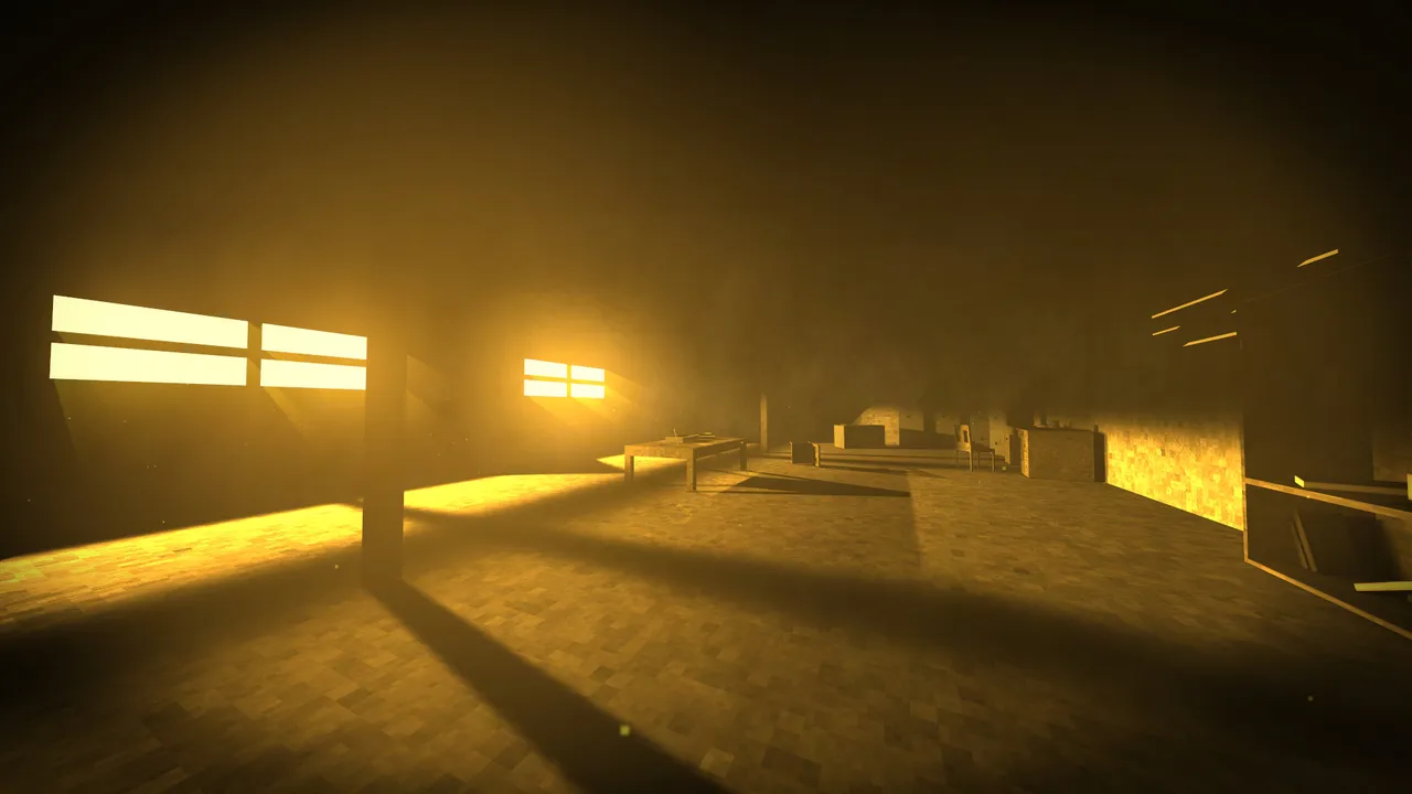 A large empty room in Fingerbones lit gold by sunlight through the windows, with a table and old furniture in the haze