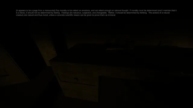 A manuscript page shown as text over a dark room with filing cabinets