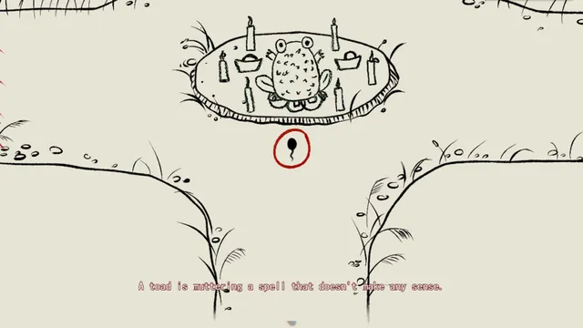 Firework screenshot: an ink drawing of a toad on an altar ringed with candles, with the line A toad is muttering a spell that doesn't make any sense