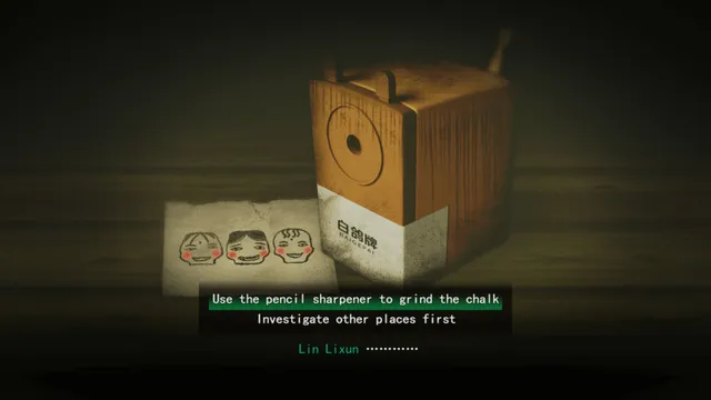 Firework screenshot: a puzzle choice to use an old pencil sharpener on chalk beside a paper drawn with three smiling faces