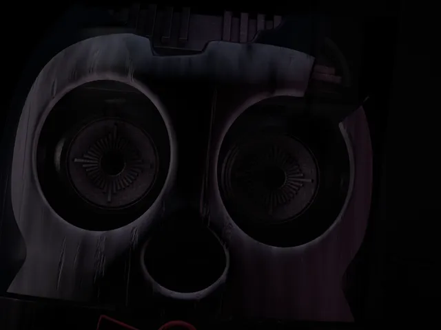 Five Nights at Candy's 2 teaser: a dim, cracked animatronic face with hollow mechanical eye sockets in the dark
