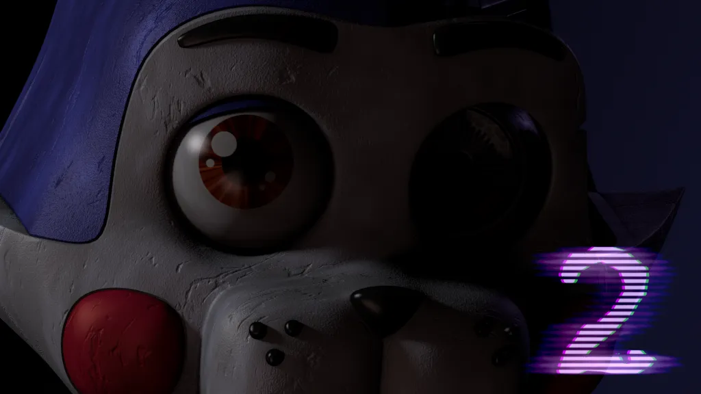 Five Nights at Candy's 2 key art: a close-up of Candy the cat animatronic's worn face, one eye missing, beside a glowing purple 2