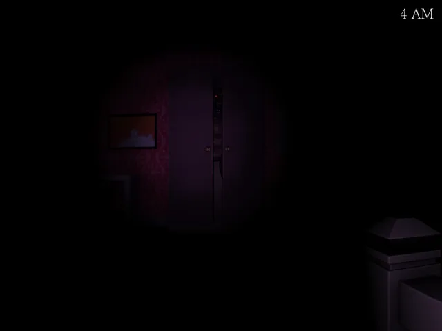 Five Nights at Candy's 3 screenshot: the flashlight on a wardrobe at 4 AM, a face peering out through the gap in its doors