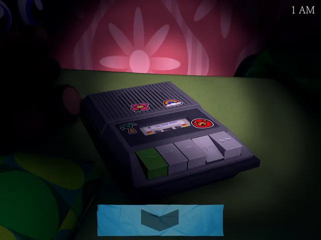 Five Nights at Candy's 3 screenshot: the stickered tape player with a cassette labelled my sleep music at 1 AM