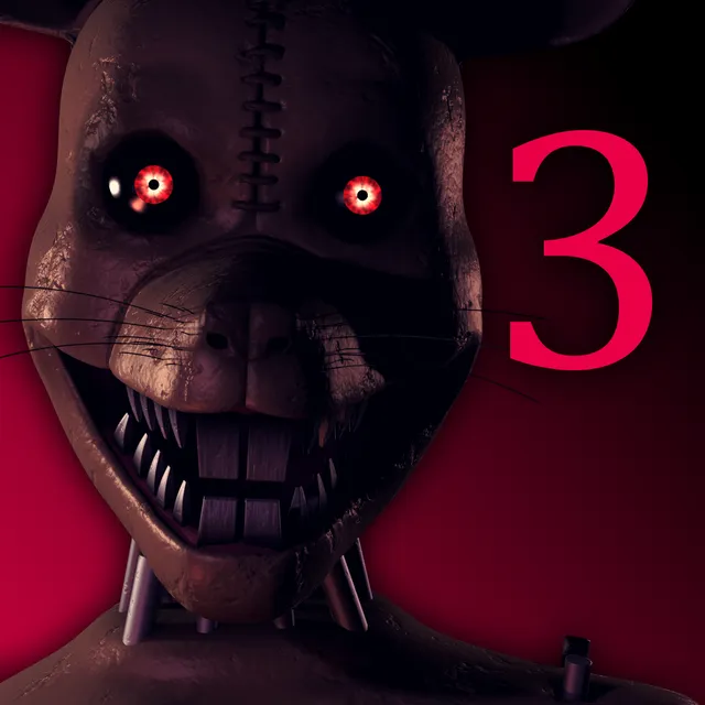 Five Nights at Candy's 3 key art: the stitched, grinning face of the Monster Rat with glowing red eyes beside a red number 3