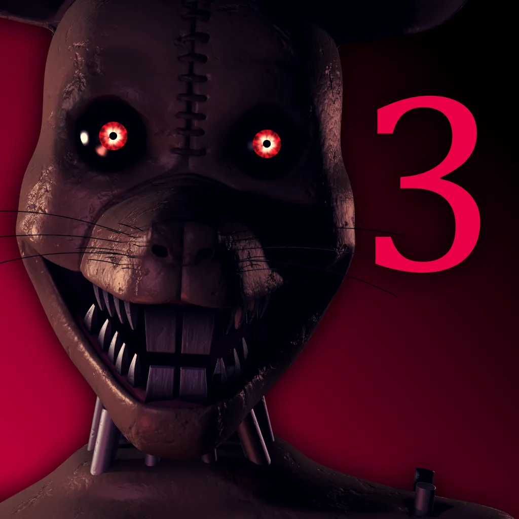 Five Nights at Candy's 3 key art: the stitched, grinning face of the Monster Rat with glowing red eyes beside a red number 3