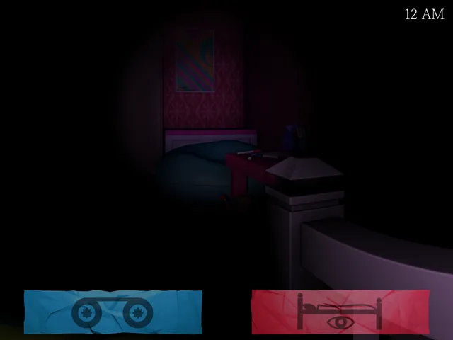Five Nights at Candy's 3 screenshot: a dark child's bedroom at 12 AM seen from the bed, with the tape player and bed buttons at the bottom