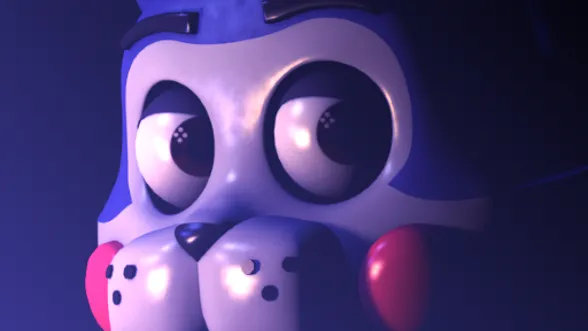 Five Nights at Candy's key art: a close-up of Candy the cat animatronic's wide eyes in blue light