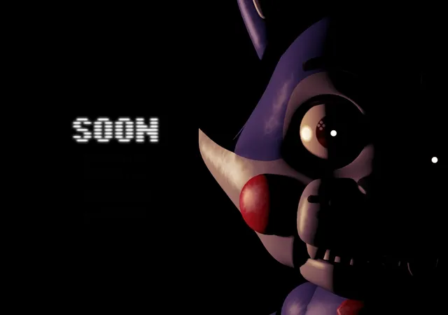 Five Nights at Candy's teaser: Candy the blue cat animatronic's face half in shadow, with the word SOON