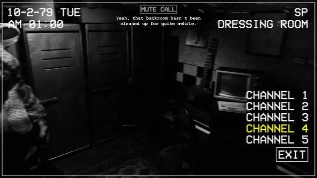 Five Nights at Chuck E. Cheese's: Rebooted screenshot: the dressing room camera at 1 AM with lockers and a figure at the edge of the frame