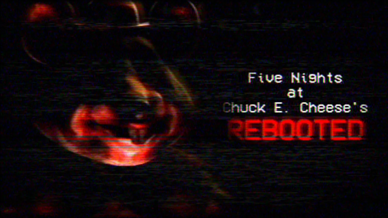 Five Nights at Chuck E. Cheese's: Rebooted title art: a blurred, red-lit animatronic mouse face behind glitching video lines beside the title