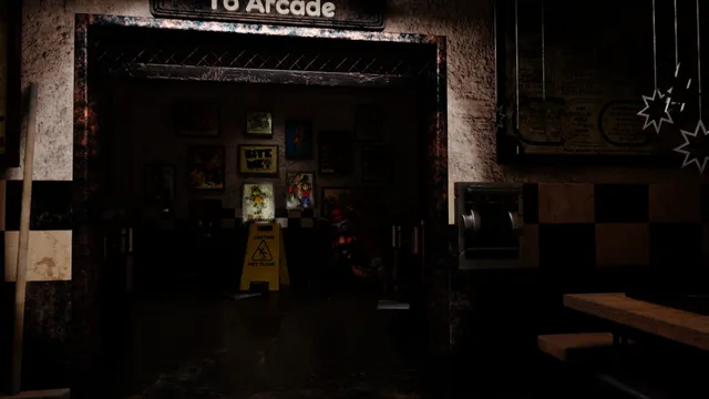 Five Nights at Chuck E. Cheese's: Rebooted screenshot: the dim doorway to the arcade with a wet floor sign