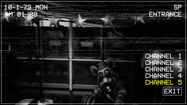 Five Nights at Chuck E. Cheese's: Rebooted screenshot: a black-and-white camera on the entrance at 1 AM, an animatronic mouse at the glass doors, with channels 1 to 5