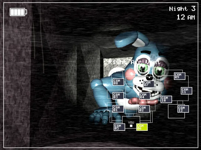 Five Nights at Freddy's 2 screenshot: the blue Toy Bonnie animatronic crawling through an air vent on a camera feed
