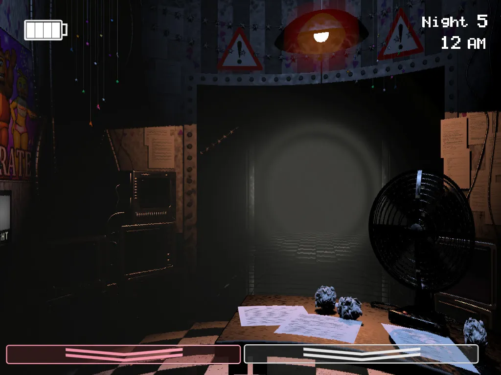 Five Nights at Freddy's 2 screenshot: the doorless security office at Night 5, 12 AM, a dark hallway ahead and a desk fan on the right