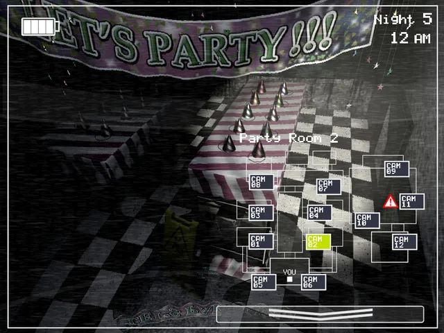 Five Nights at Freddy's 2 screenshot: the camera view of Party Room 2 with party hats on a checkered table under a Let's Party banner