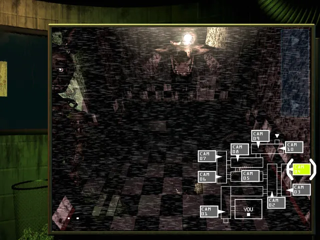 Five Nights at Freddy's 3 screenshot: a grainy camera view of a checkered hallway with the camera map in the corner