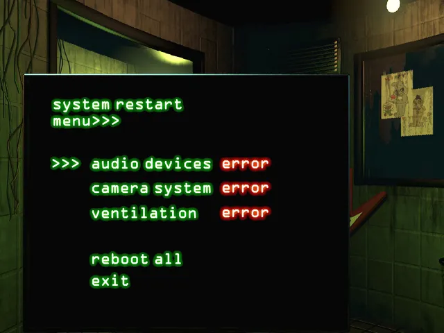 Five Nights at Freddy's 3 screenshot: the system restart menu showing errors for audio devices, camera system and ventilation