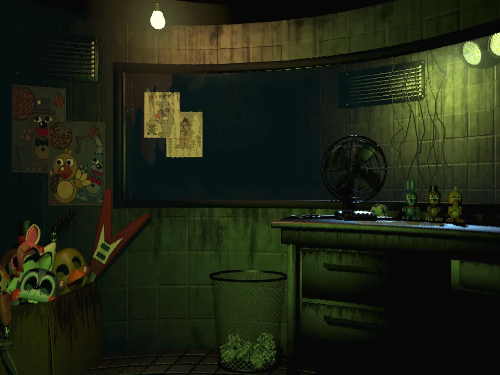 Five Nights at Freddy's 3 screenshot: the dim green security office with posters, a fan and old animatronic parts in a box