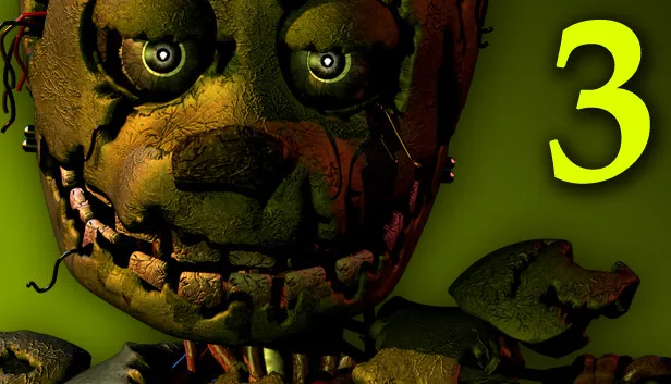 Five Nights at Freddy's 3 cover: the rotting face of Springtrap with exposed wires on a green background beside a large number 3