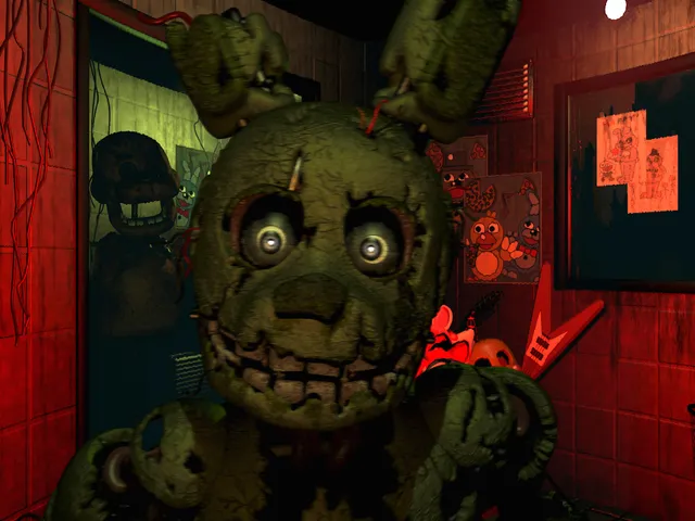 Five Nights at Freddy's 3 screenshot: Springtrap leans into the office through the red-lit doorway