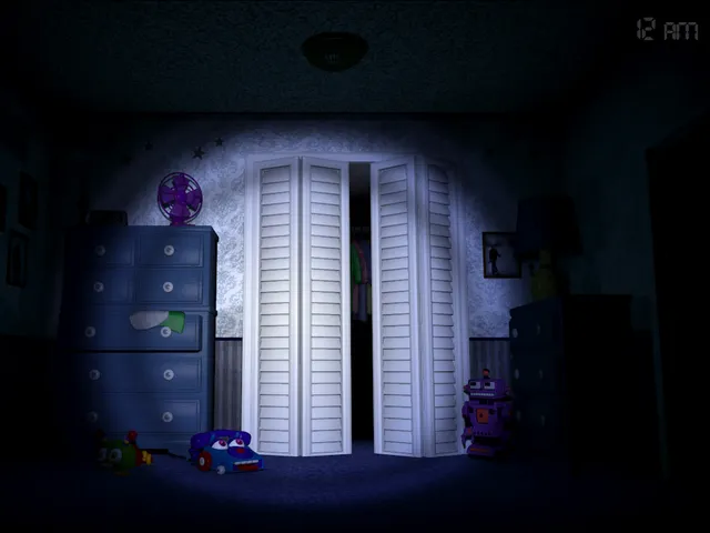 Five Nights at Freddy's 4 screenshot: the half-open closet doors in a dark child's bedroom with toys on the floor