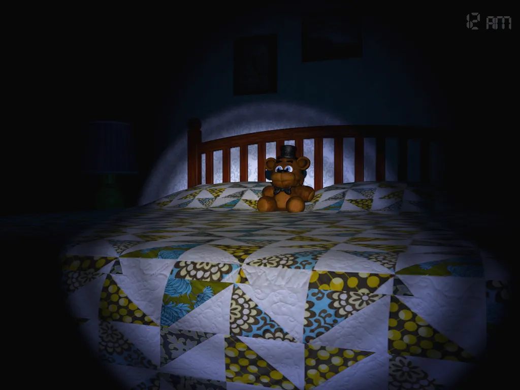 Five Nights at Freddy's 4 screenshot: a flashlight lights a quilted bed with a small Freddy plush at the headboard