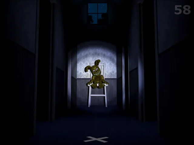 Five Nights at Freddy's 4 screenshot: the Fun with Plushtrap minigame, a Plushtrap sitting on a chair at the end of a dark hallway