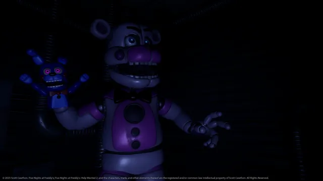 Help Wanted 2 screenshot: Funtime Freddy with a Bon-Bon hand puppet stands in a dark room