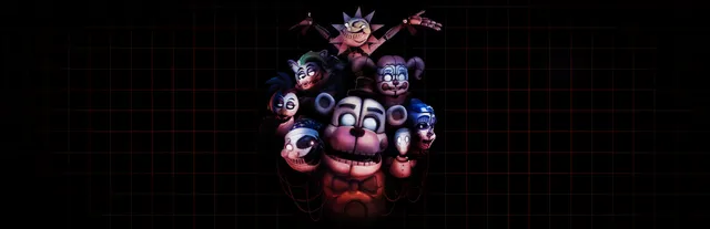 Five Nights at Freddy's: Help Wanted 2 key art: a cluster of animatronic heads, Funtime Freddy in front and the Sun daycare attendant above