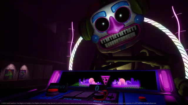 Help Wanted 2 screenshot: a grinning clown-faced animatronic looms over a glowing music console