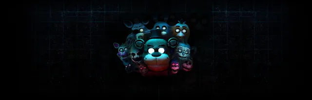 Five Nights at Freddy's: Help Wanted key art: Freddy Fazbear with glowing white eyes in the dark, surrounded by the faces of Bonnie, Chica, Foxy, Funtime Foxy and other animatronics
