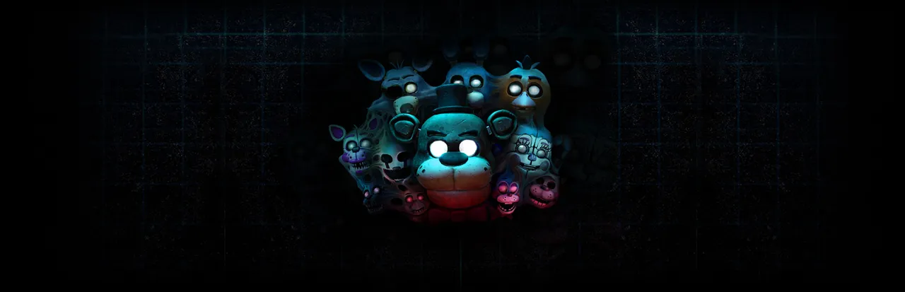 Five Nights at Freddy's: Help Wanted key art: Freddy Fazbear with glowing white eyes in the dark, surrounded by the faces of Bonnie, Chica, Foxy, Funtime Foxy and other animatronics