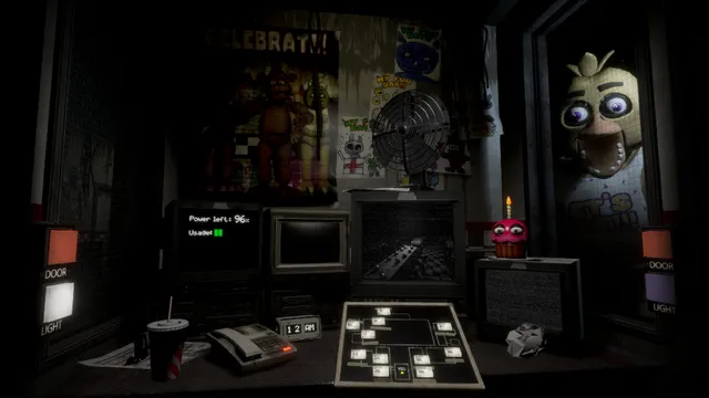 Five Nights at Freddy's: Help Wanted: the security office at 12 AM with monitors, the camera map, door and light buttons, 96 percent power, and Chica staring through the right window