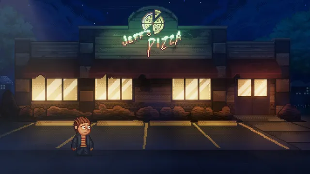 Into the Pit screenshot: Oswald stands in the parking lot outside the glowing Jeff's Pizza sign at night
