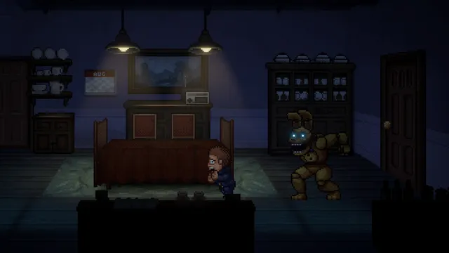 Into the Pit screenshot: Oswald hides behind a bed as the yellow rabbit stalks a dim bedroom
