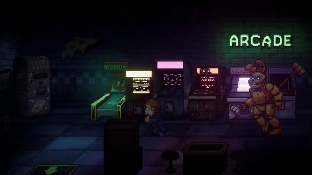Into the Pit screenshot: Oswald crouches by arcade cabinets as the yellow rabbit walks in