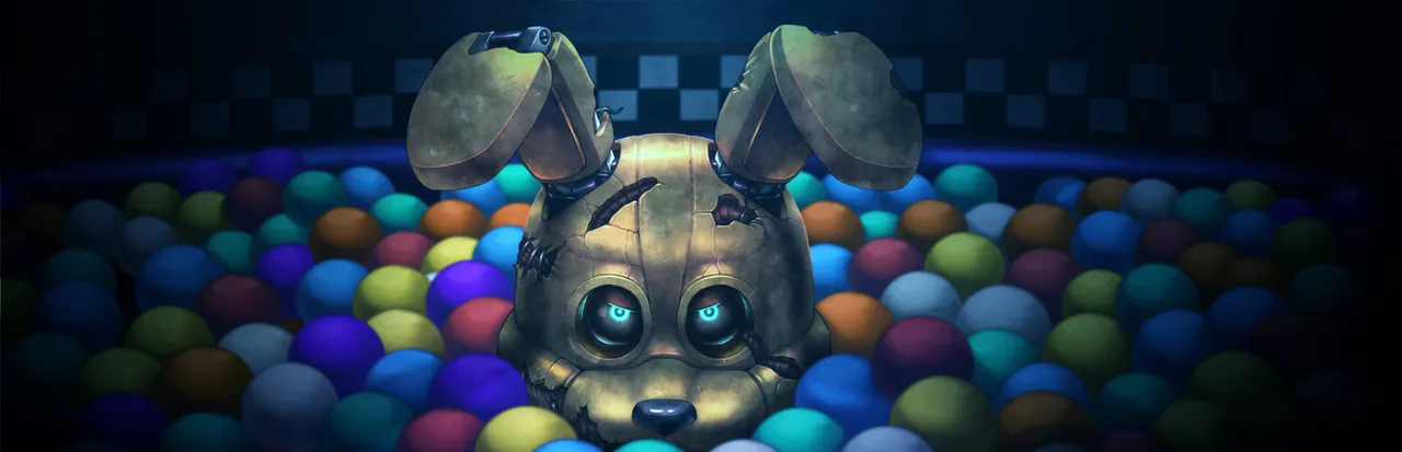 Five Nights at Freddy's: Into the Pit key art: a worn yellow rabbit animatronic with glowing blue eyes rising from a ball pit
