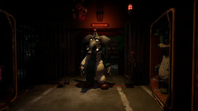 Secret of the Mimic screenshot: an elephant costume figure walks down a dim hallway lined with cages