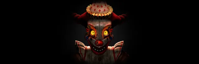 Five Nights at Freddy's: Secret of the Mimic key art: a grinning clown animatronic with glowing yellow eyes in the dark