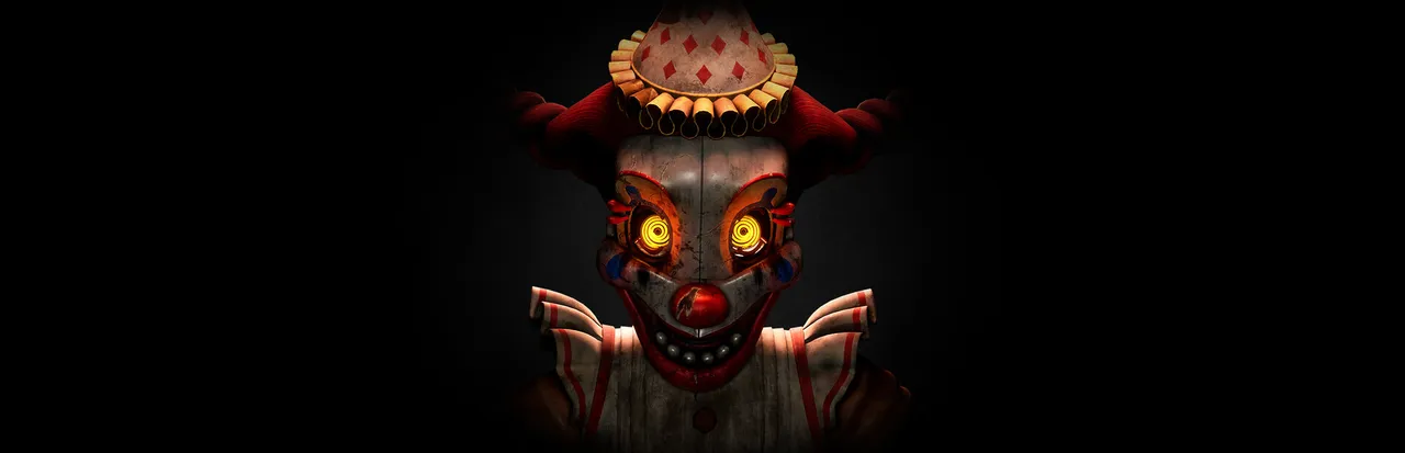 Five Nights at Freddy's: Secret of the Mimic key art: a grinning clown animatronic with glowing yellow eyes in the dark