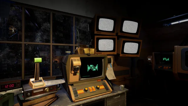Secret of the Mimic screenshot: an old computer terminal and stacked monitors showing static in a dark office